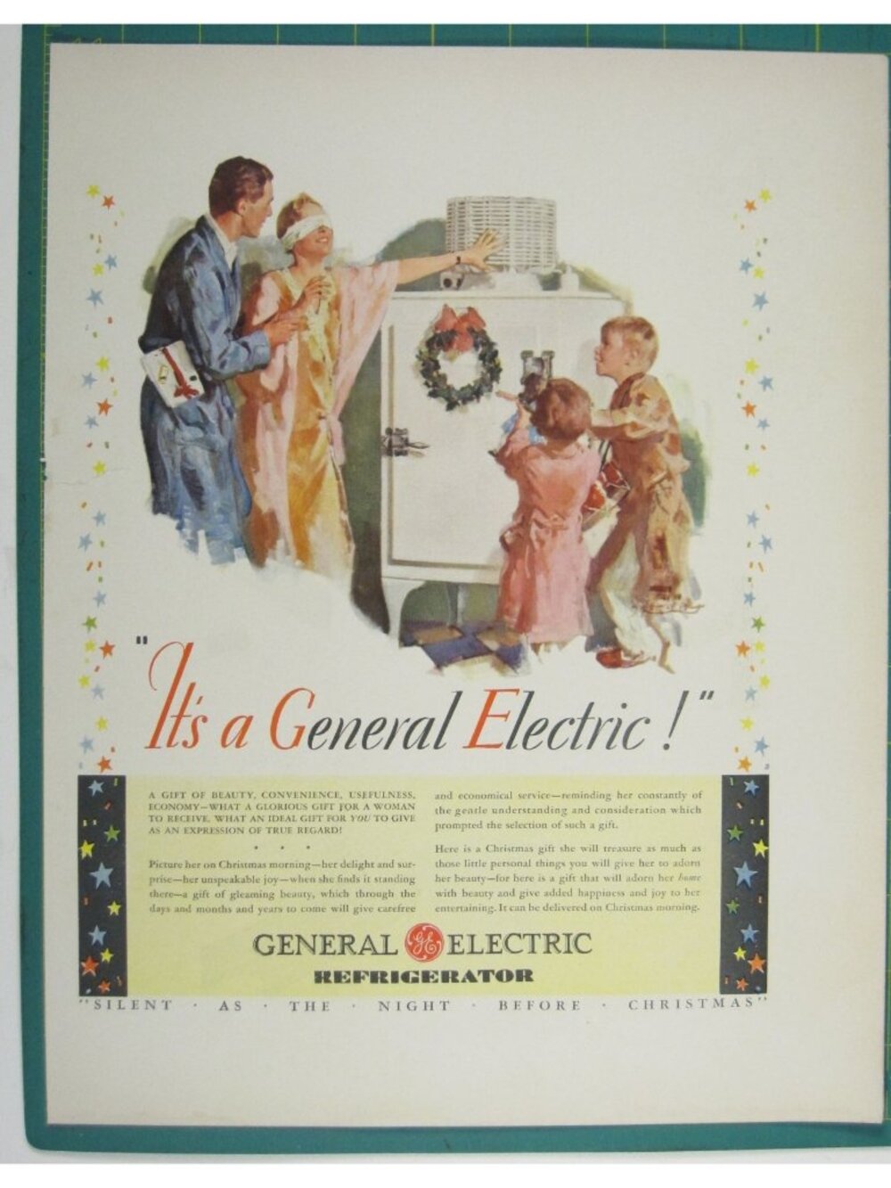 Print Ad General Electric Refrigerator Christmas 1930s Family Scene Holiday AD